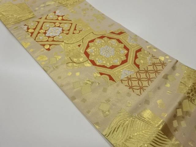 色紙に華紋・花唐草模様織出し袋帯【中古】【着】【袋帯】