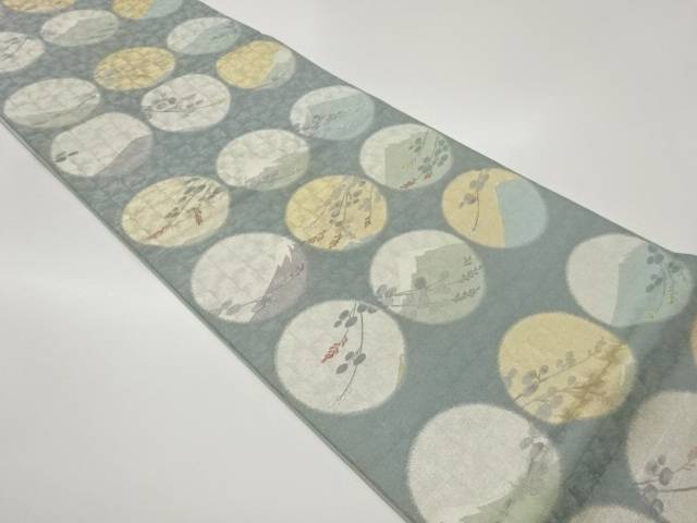 銀通し丸に富士山・枝葉・花模様織出し袋帯【中古】【着】【袋帯】