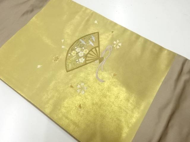 扇に梅笹・桜模様刺繍名古屋帯【リサイクル】【中古】【着】【名古屋帯】