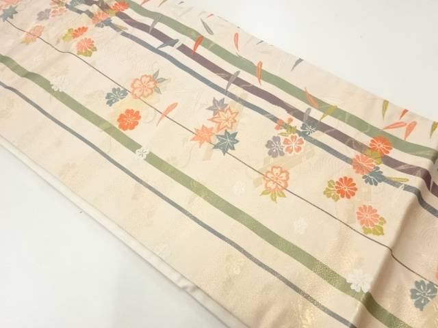 花筏に葦・縞模様織出し名古屋帯【中古】【着】【名古屋帯】