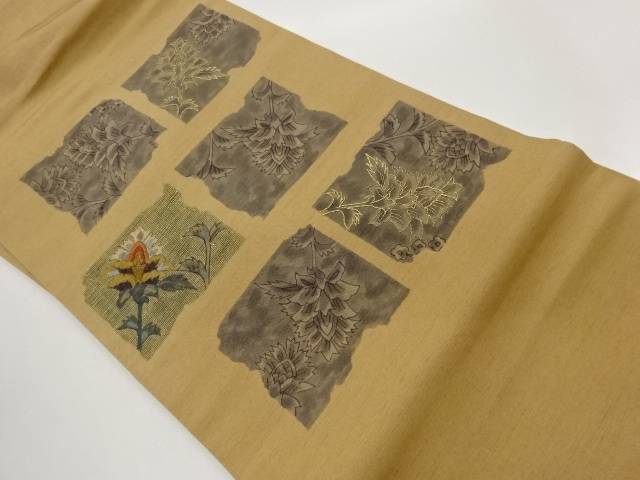 手織り紬金糸相良刺繍変わり色紙に花々模様名古屋帯【中古】【着】【名古屋帯】