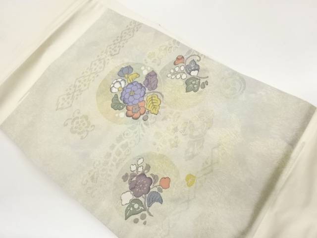 丸文に草花模様織出し名古屋帯【中古】【着】【名古屋帯】