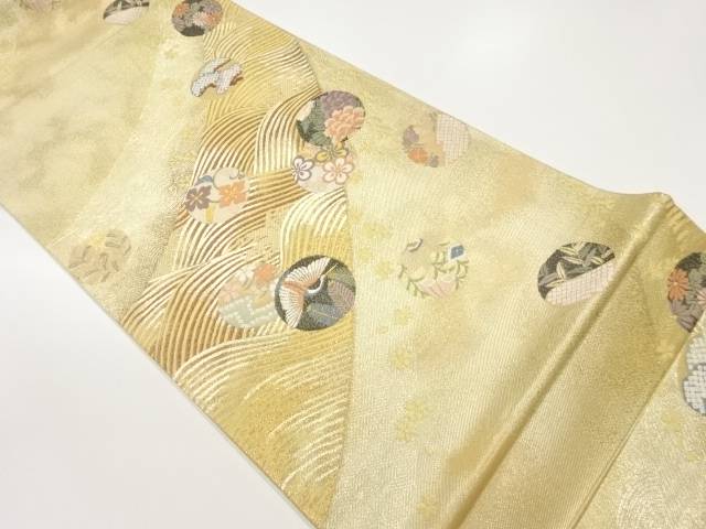 波に丸文・草花・鶴模様織出し袋帯【中古】【着】【袋帯】 10,508円