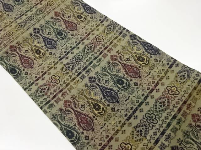 横縞に変わり草花模様織出し開き名古屋帯（額縁仕立て）【中古】【着】【名古屋帯】｜Kimono-Shinei　２号店 13,394円