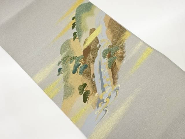 本綴れ山々に松・滝模様織出し名古屋帯【中古】【着】【名古屋帯】