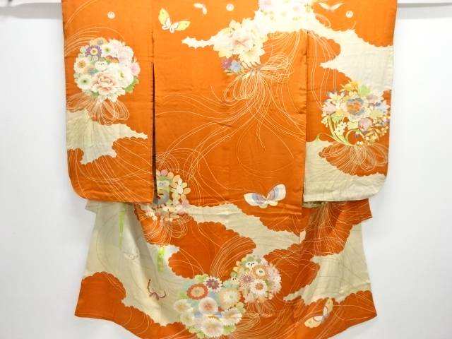 錦紗花薬玉模様刺繍五つ紋着物【アンティーク】【中古】【着】【縮緬・錦紗】