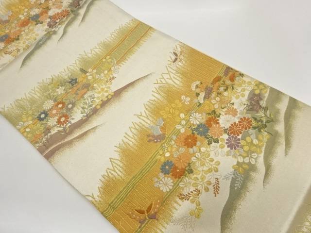 秋に垣根・蝶模様織出し袋帯【中古】【着】【袋帯】