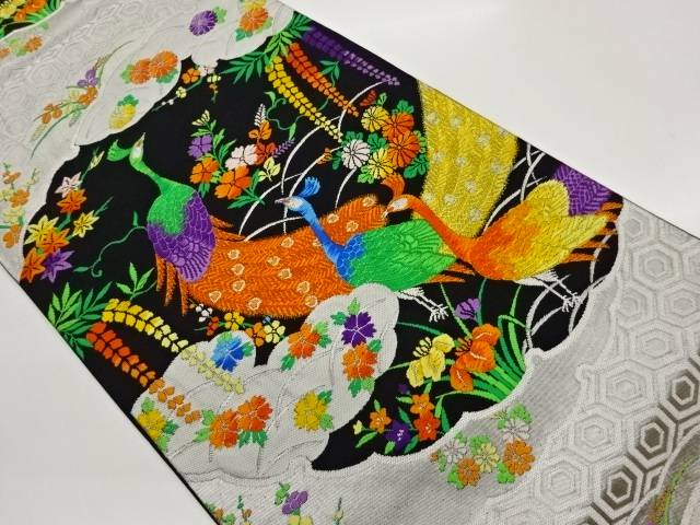 孔雀に花々・雲模様織出し袋帯【中古】【着】【袋帯】