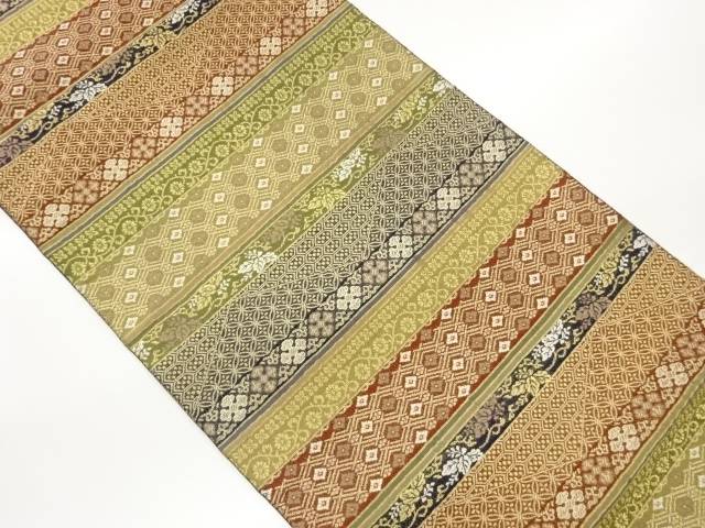 縞に花唐草・花菱・古典柄模様織出し袋帯【中古】【着】【袋帯】
