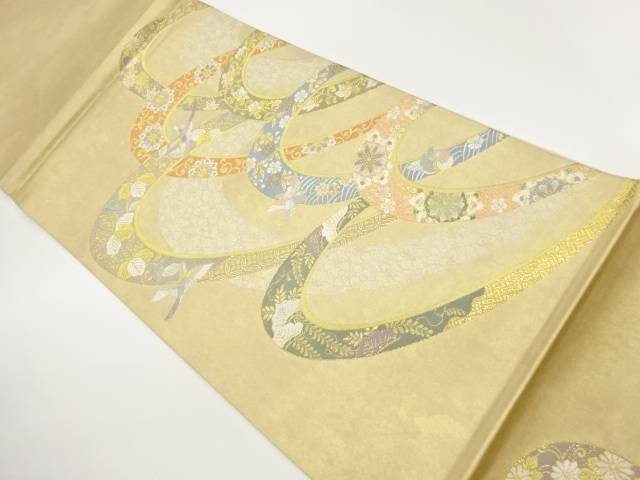 曲線に華文・花鳥・古典柄模様織出し袋帯【中古】【着】【袋帯】