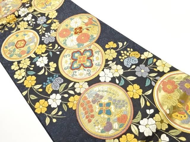 丸文に華文・草花模様織出し袋帯【中古】【着】【袋帯】