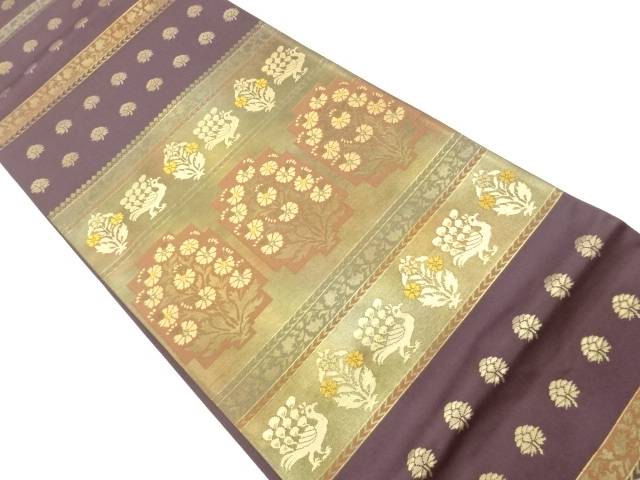 横段に草花・孔雀模様織出し袋帯【中古】【着】【袋帯】
