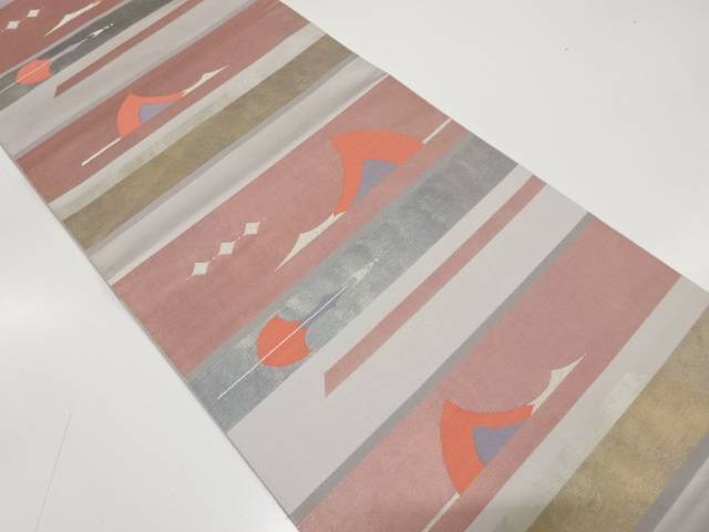 横段に抽象鳥模様織り出し　袋帯【中古】【着】【袋帯】