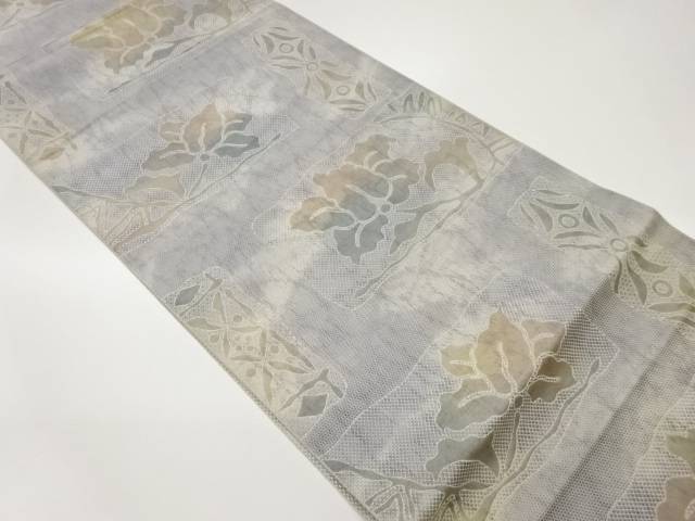 本場筑前博多四角に花葉・幾何学模様織出し名古屋帯【中古】【着】【名古屋帯】
