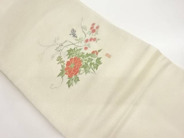 作家物　牡丹に草花模様織出し名古屋帯【中古】【着】【名古屋帯】