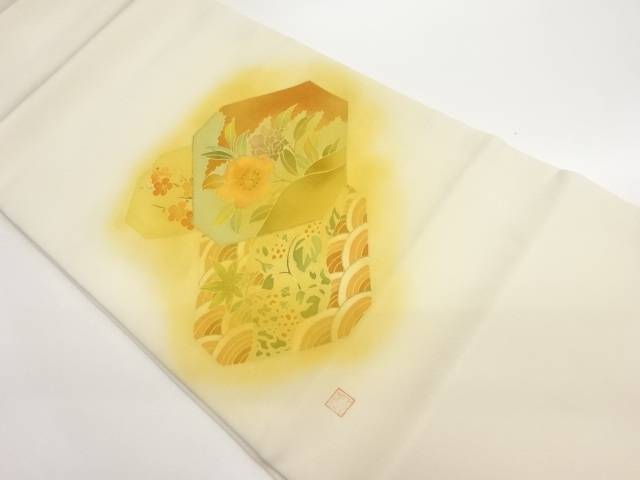 作家物　塩瀬金彩八角形に梅・波・草花模様刺繍開き名古屋帯（額縁仕立て）【中古】【着】【名古屋帯】