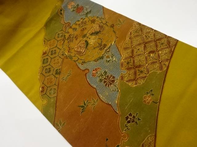 本場縞大島金彩変わり雪輪に花丸文・向かい鳥・古典柄模様刺繍名古屋帯【中古】【着】【名古屋帯】