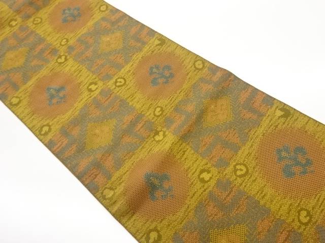 変わり市松に丸・抽象花葉模様織出し名古屋帯【中古】【着】【名古屋帯】｜Kimono-Shinei　２号店