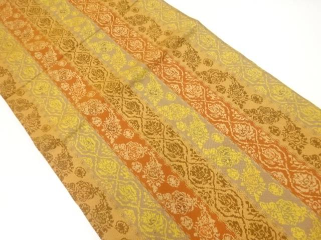 縞に花模様織出し開き名古屋帯（額縁仕立て）【中古】【着】【名古屋帯】