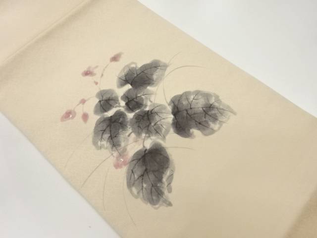 作家物　手描き花葉模様開き名古屋帯（額縁仕立て）【中古】【着】【名古屋帯】