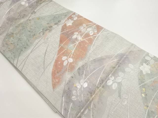 引箔山々に萩・桔梗・芒模様織出し袋帯【中古】【着】【袋帯】
