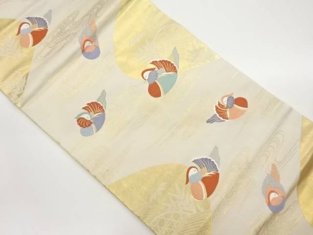 鴛鴦に流水・笹模様織出し名古屋帯【中古】【着】【名古屋帯】