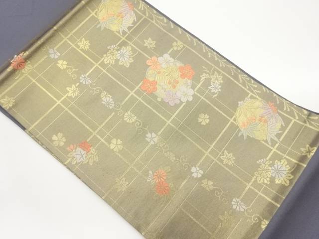 格子に花輪・菊唐草模様織出し名古屋帯【中古】【着】【名古屋帯】