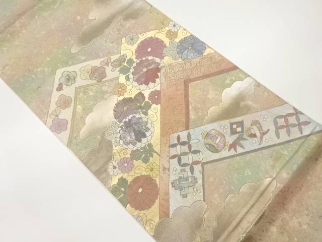 作家物　金彩螺鈿菊唐草に梅・宝・古典柄模様袋帯【中古】【着】【袋帯】