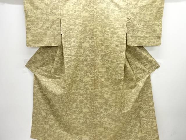 風景模様織り出し手織り紬着物【中古】【着】【紬・お召し】