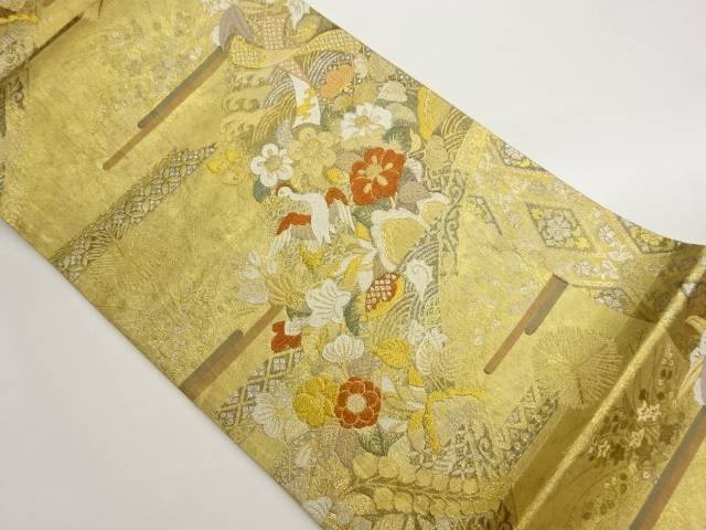 プラチナ箔鶴に草花・荒波模様織出し袋帯【中古】【着】【袋帯】
