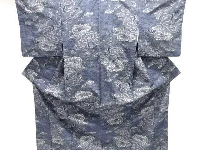 草花模様織り出し十日町紬着物【中古】【着】【紬・お召し】