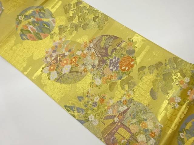 引箔丸文に松・寺院・花々模様織出し袋帯【中古】【着】【袋帯】