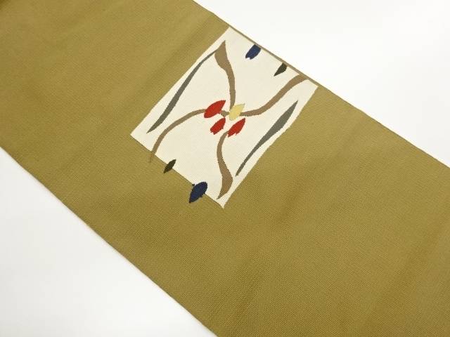 色紙に抽象花葉模様織出し名古屋帯【中古】【着】【名古屋帯】
