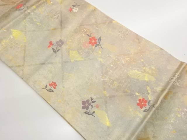 引箔格子に草花模様織出し名古屋帯【中古】【着】【名古屋帯】