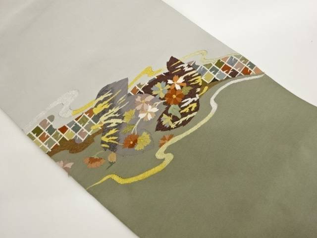 綴れ花に格子模様織出し名古屋帯【中古】【着】【名古屋帯】
