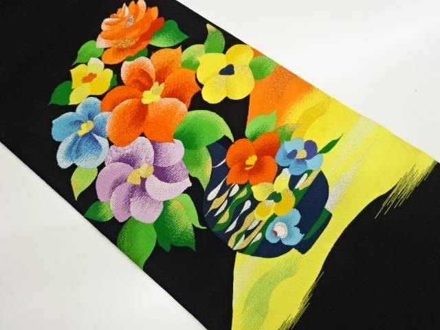 綴れ花瓶に花々・幾何学模様織出し名古屋帯【中古】【着】【名古屋帯】