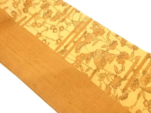 手織り紬型染花鳥に松・ヱ霞模様開き名古屋帯(額縁仕立て)【中古】【着】【名古屋帯】