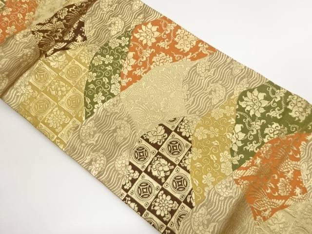 切り嵌め風花唐草に荒磯・遠州緞子・鳳凰模様織出し名古屋帯【中古】【着】【名古屋帯】