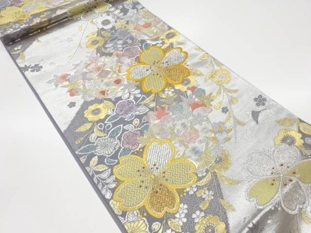 花々模様織出し袋帯【中古】【着】【袋帯】