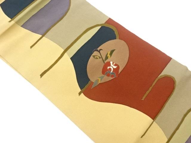 縮緬地変わり横段に抽象模様名古屋帯【中古】【着】【名古屋帯】