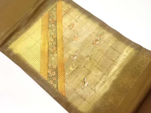金彩斜線に花唐草・鴛鴦・流水模様刺繍名古屋帯【中古】【着】【名古屋帯】