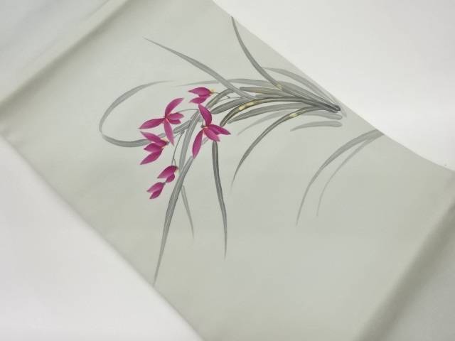 塩瀬金彩手描き花葉模様名古屋帯【中古】【着】【名古屋帯】