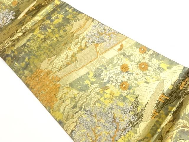 服部織物製　手工芸二重箔寺院に橋・松・紅葉模様織出し袋帯【中古】【着】【袋帯】
