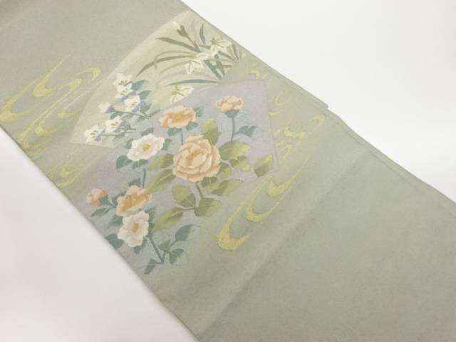 本綴れ地紙に桔梗・菖蒲・牡丹模様織出し名古屋帯【中古】【着】【名古屋帯】|Kimono-Shinei 2号店