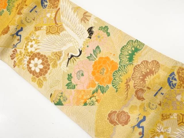 巻物に花・鶴模様織り出し丸帯（着用可）【アンティーク】【中古】【着】【丸帯】