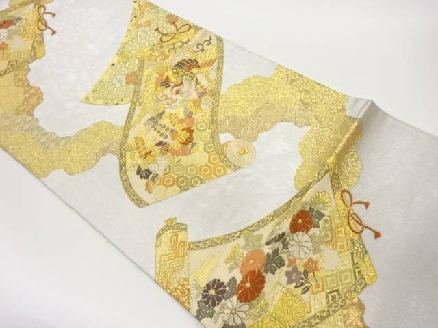 巻物に鳳凰・草花・道長取り模様織出し袋帯【中古】【着】【袋帯】