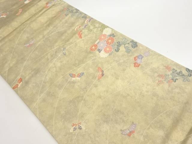 引箔秋草に蝶模様織出し袋帯【中古】【着】【袋帯】