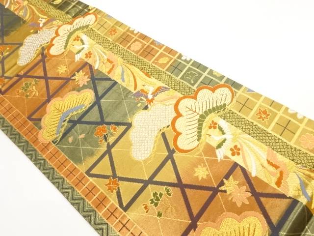 縞に松・鳳凰・草花模様織出し全通袋帯【中古】【着】【袋帯】