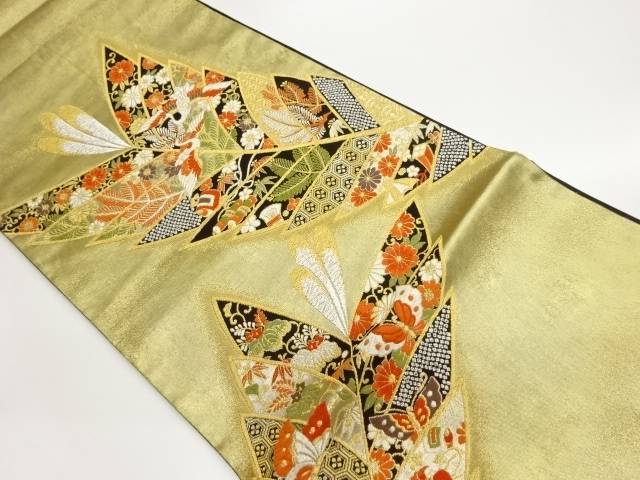 加納幸織物製　変わり矢羽根に鶴・草花・蝶模様織出し袋帯【中古】【着】【袋帯】