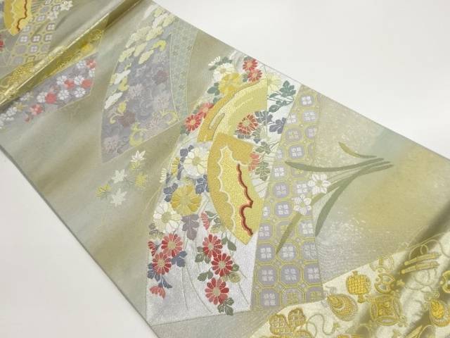 引箔地紙に花々・扇模様織出し袋帯【中古】【着】【袋帯】 11,544円